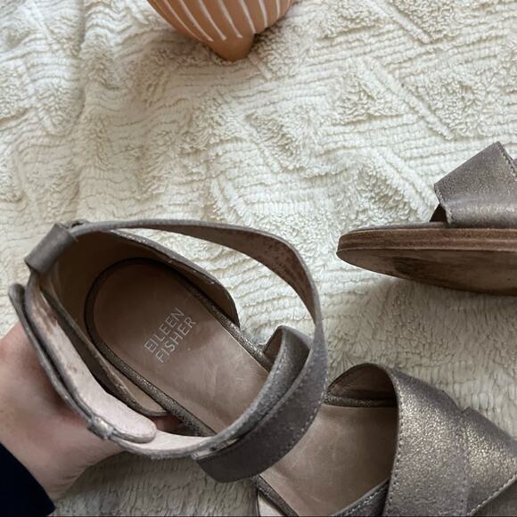 Eileen Fisher Kirby Metallic Leather Strappy Block Heel Sandals - Picture 6 of 6